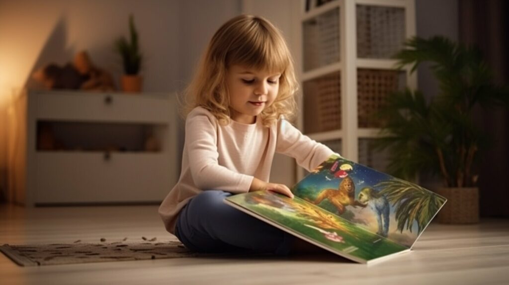 Child reading a book about evolution