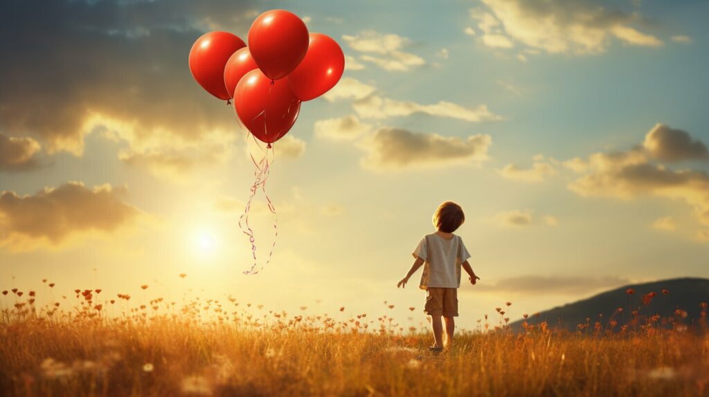 Grateful child holding a heart-shaped balloon