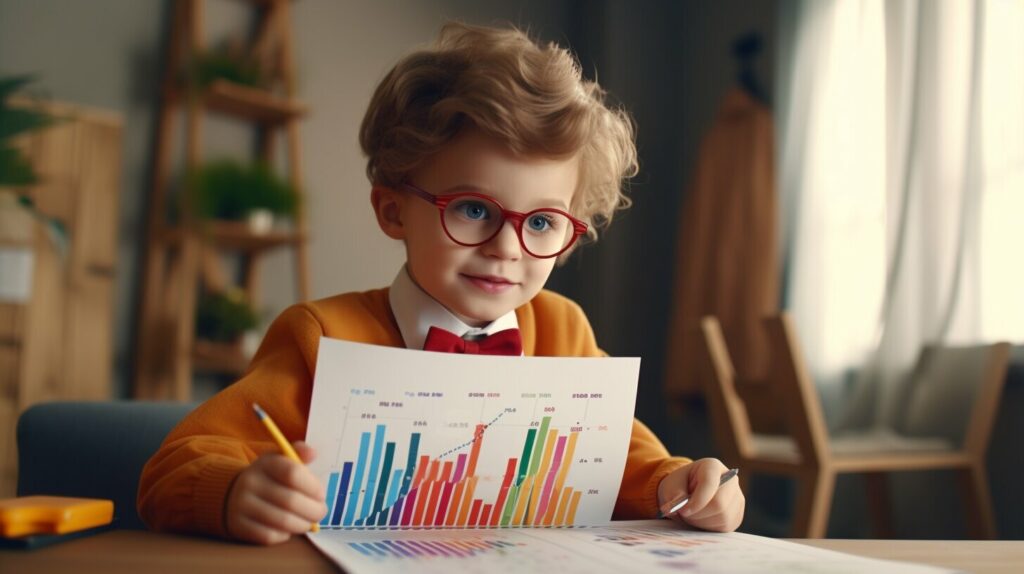 Illustration of a child holding a clipboard with charts and graphs