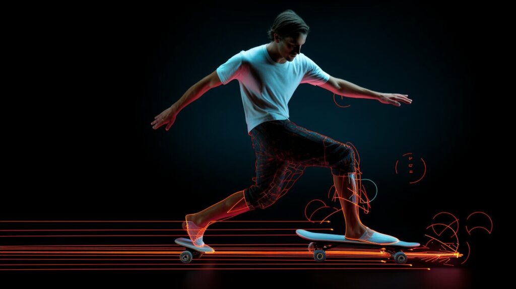 Newton's Third Law visualized with a diagram of a person standing on a skateboard and pushing off the ground.