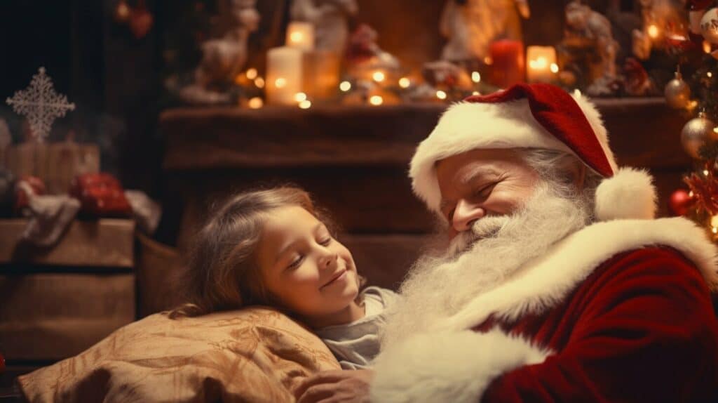 Santa Claus delivering presents to a child