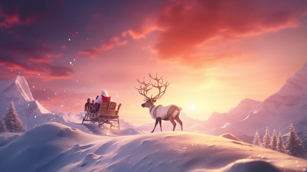 Santa Claus in his sleigh flying over a snowy landscape