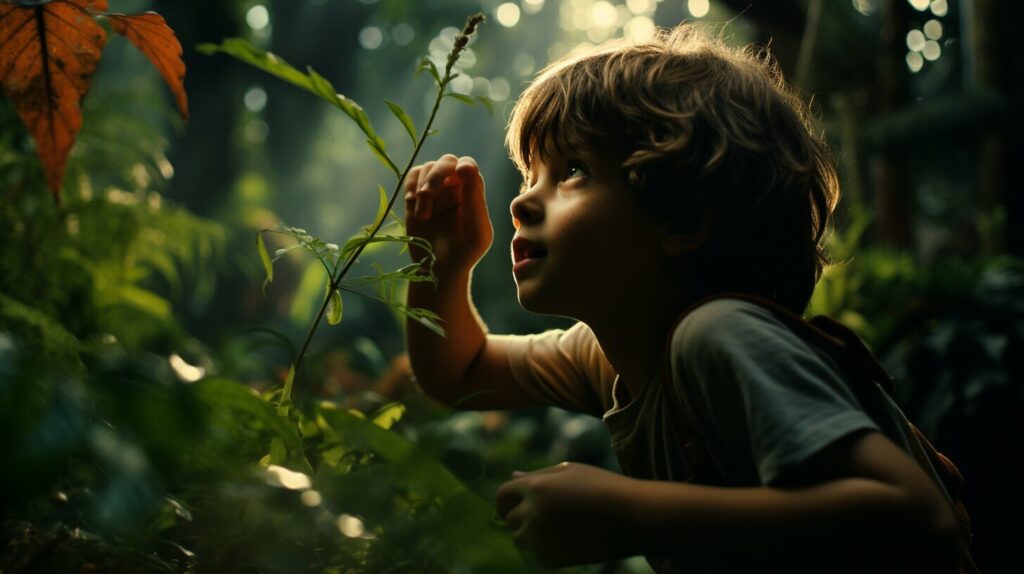 child curious about a plant
