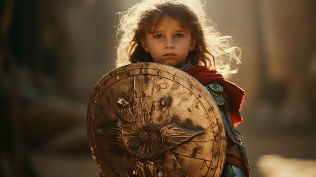 child holding a shield with the armor of god printed on it