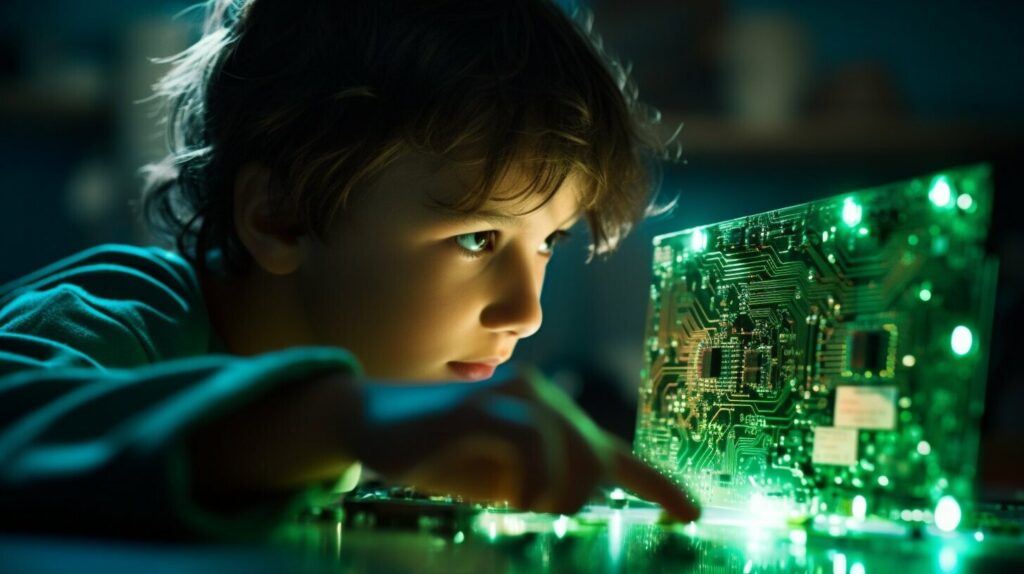 child looking at electronic circuit