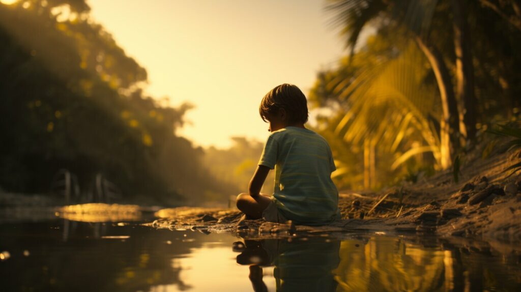 child looking at reflection in water