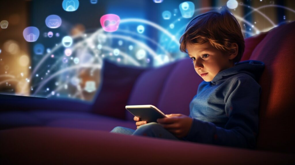 child using a tablet with a wifi symbol in the background