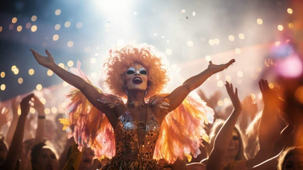 drag performer in a colorful dress and makeup, with arms raised in front of a crowd