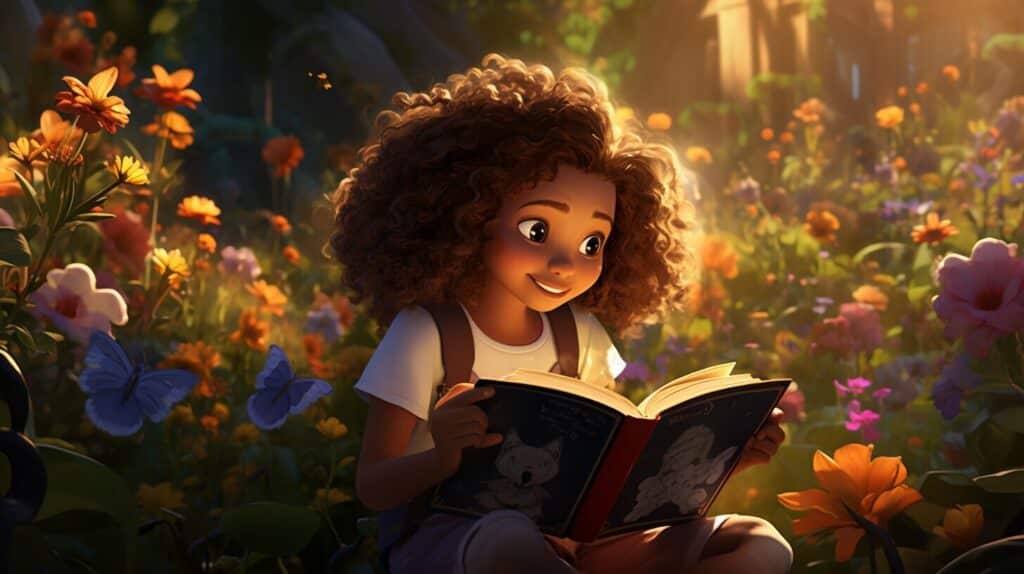 hopeful child reading in a garden