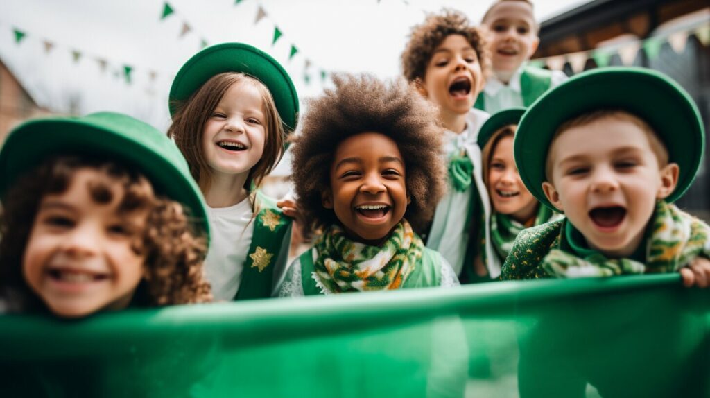 kids holding a St. Patrick's Day banner