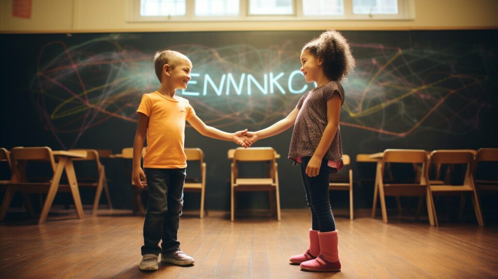 Child shaking hands with another child in front of a chalkboard with the word 'networking'