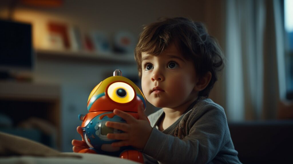 child holding toy and looking curious